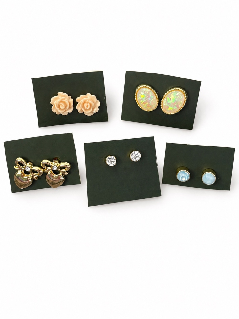 5 Pair Mixed Stud Earrings Lot Roses Opal Rhinestone Bow Gold Tone